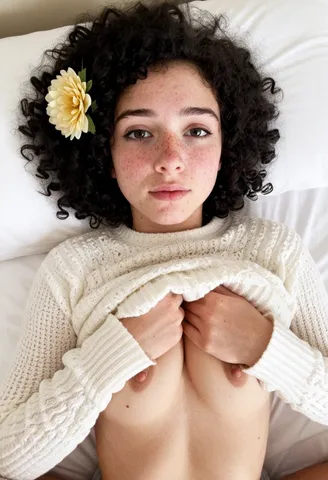 Freckled curly black haired girl lifting her sweater on bed, covering small breasts, looking at viewer in intimate bedroom setting