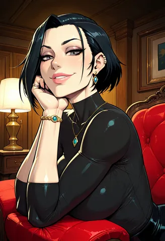 A smiling dark-haired girl in a black shirt and ring sits in a chair, looking at the camera in a room lit by a warm lamp.