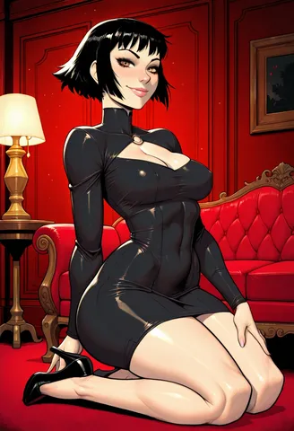 A dark-haired girl in a short black dress and high heels kneels on the floor, smiling at the camera in a room with a chair, couch, and lamp.