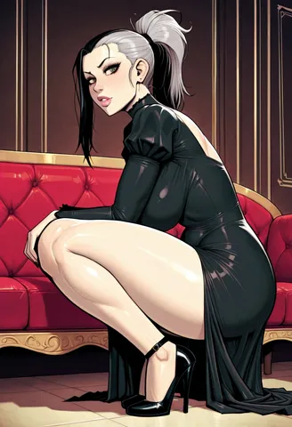 A dark-haired girl in a black dress and high heels squats beside a couch, looking directly at the camera in a warmly lit room.