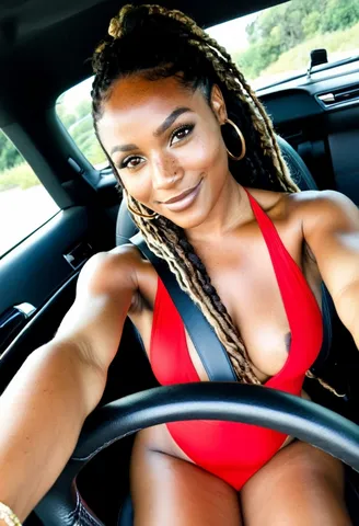 Dark-skinned woman with dreadlocks in red halterneck swimsuit flashing breasts from car driver seat, smiling at camera.